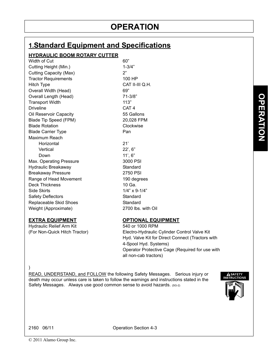 Hydraulic boom rotary cutter, Extra equipment optional equipment, Operation | Opera t ion, Standard equipment and specifications | Servis-Rhino BOOM ROTARY MOWER 2160 User Manual | Page 113 / 204