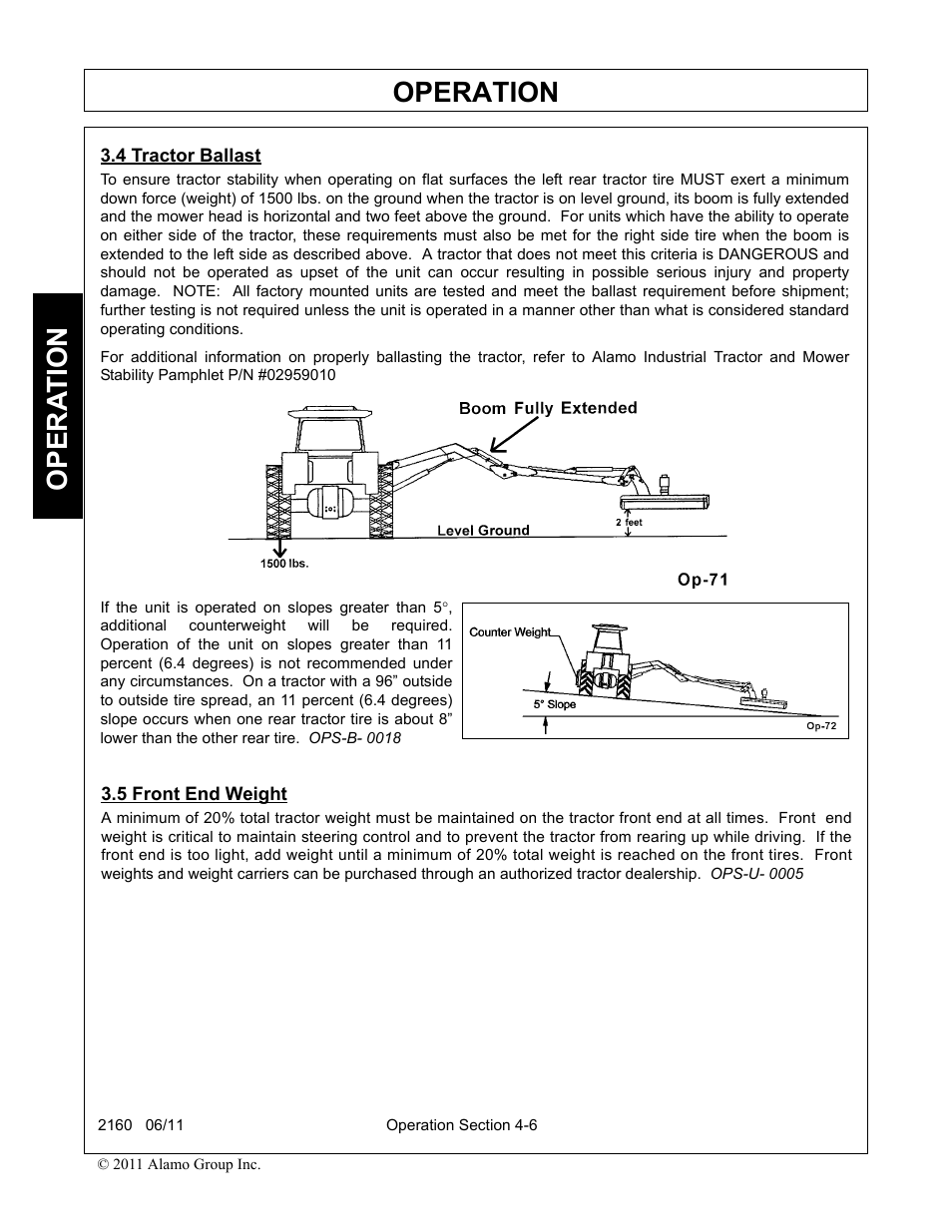 4 tractor ballast, 5 front end weight, Tractor ballast -6 front end weight -6 | Operation, Opera t ion | Servis-Rhino BOOM ROTARY MOWER 2160 User Manual | Page 116 / 204