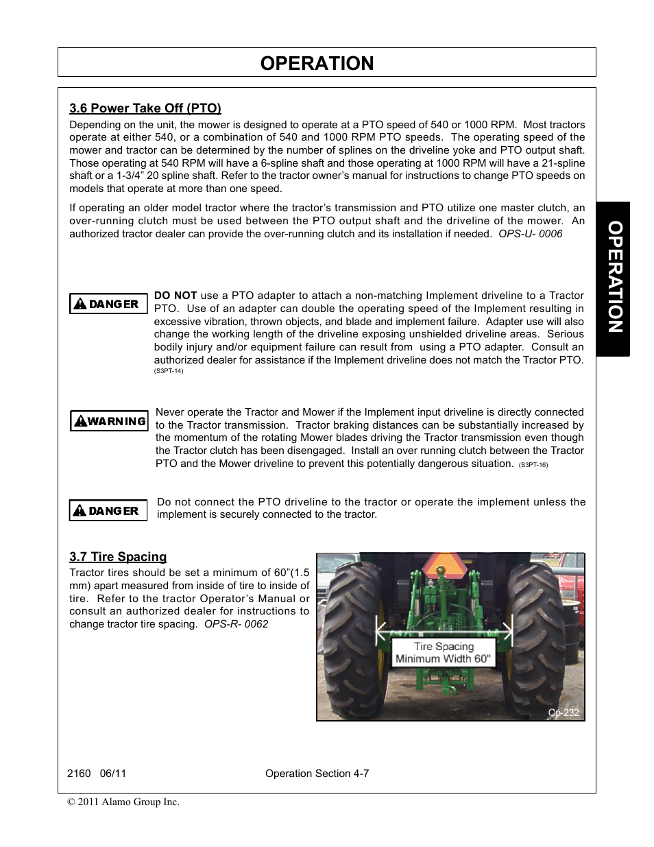 6 power take off (pto), 7 tire spacing, Power take off (pto) -7 tire spacing -7 | Operation, Opera t ion | Servis-Rhino BOOM ROTARY MOWER 2160 User Manual | Page 117 / 204