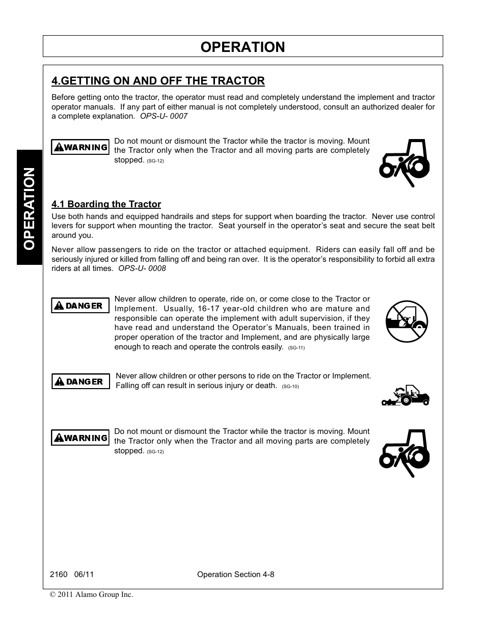 Getting on and off the tractor, 1 boarding the tractor, Operation | Opera t ion | Servis-Rhino BOOM ROTARY MOWER 2160 User Manual | Page 118 / 204
