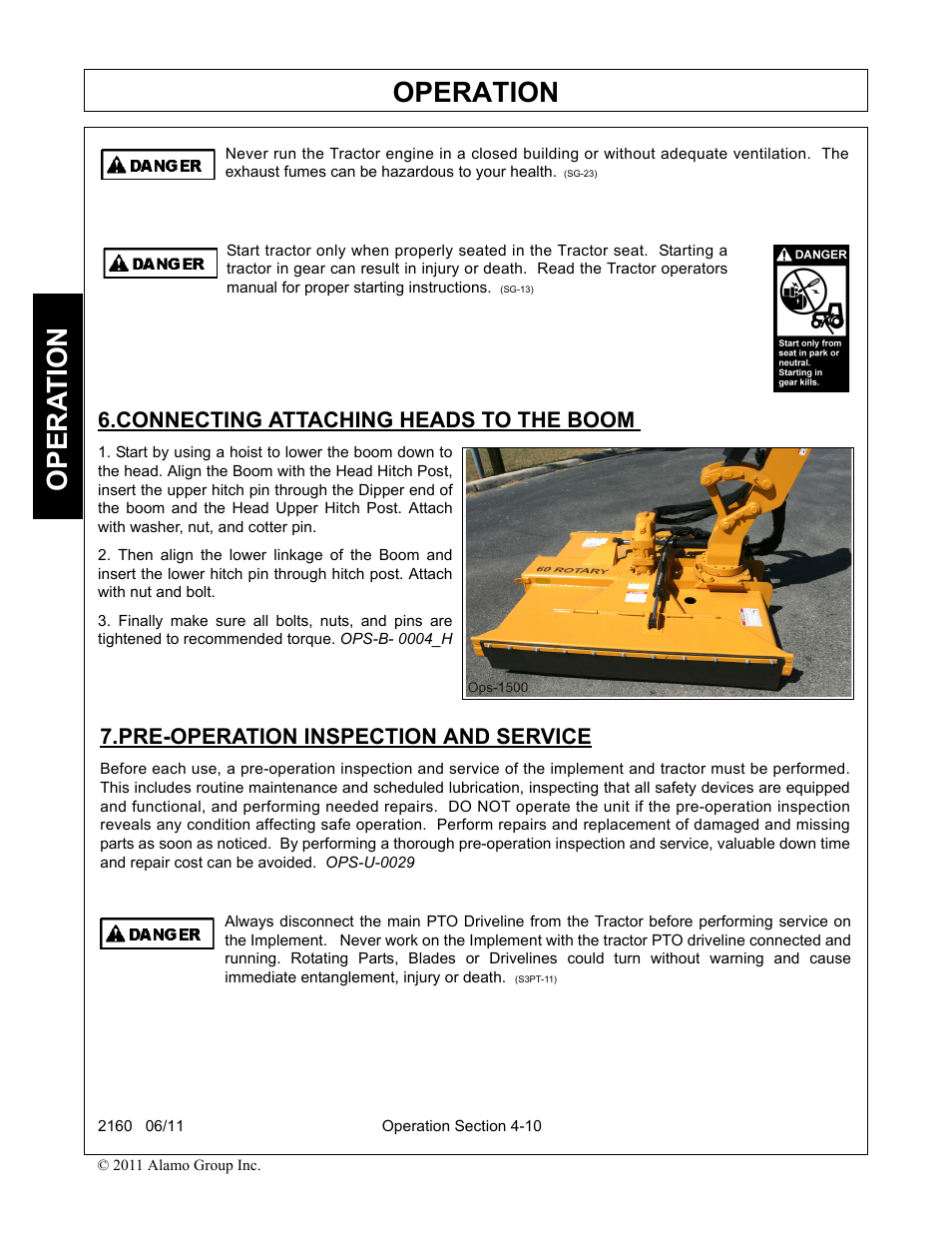 Connecting attaching heads to the boom, Pre-operation inspection and service, Operation | Opera t ion | Servis-Rhino BOOM ROTARY MOWER 2160 User Manual | Page 120 / 204