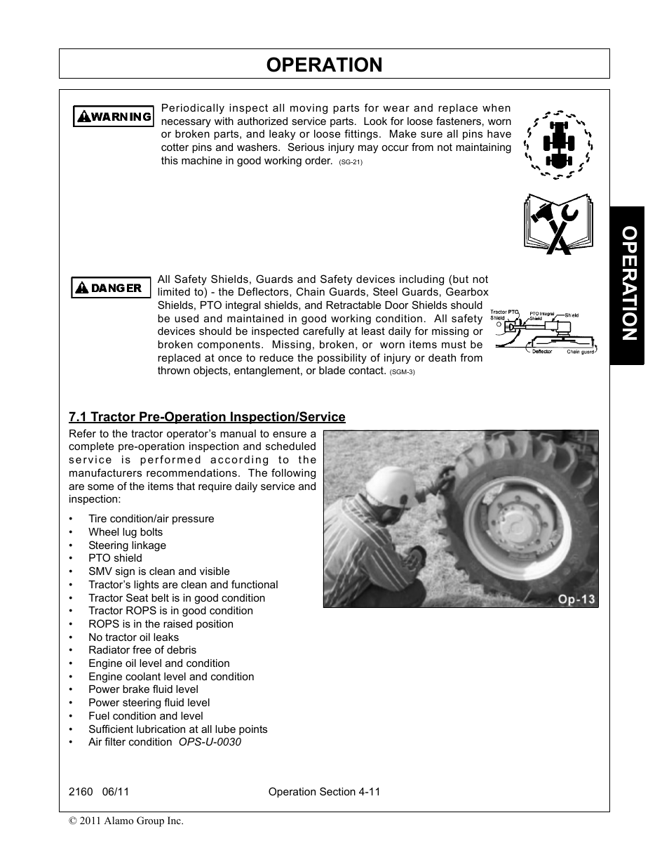 1 tractor pre-operation inspection/service, Tractor pre-operation inspection/service -11, Operation | Opera t ion | Servis-Rhino BOOM ROTARY MOWER 2160 User Manual | Page 121 / 204