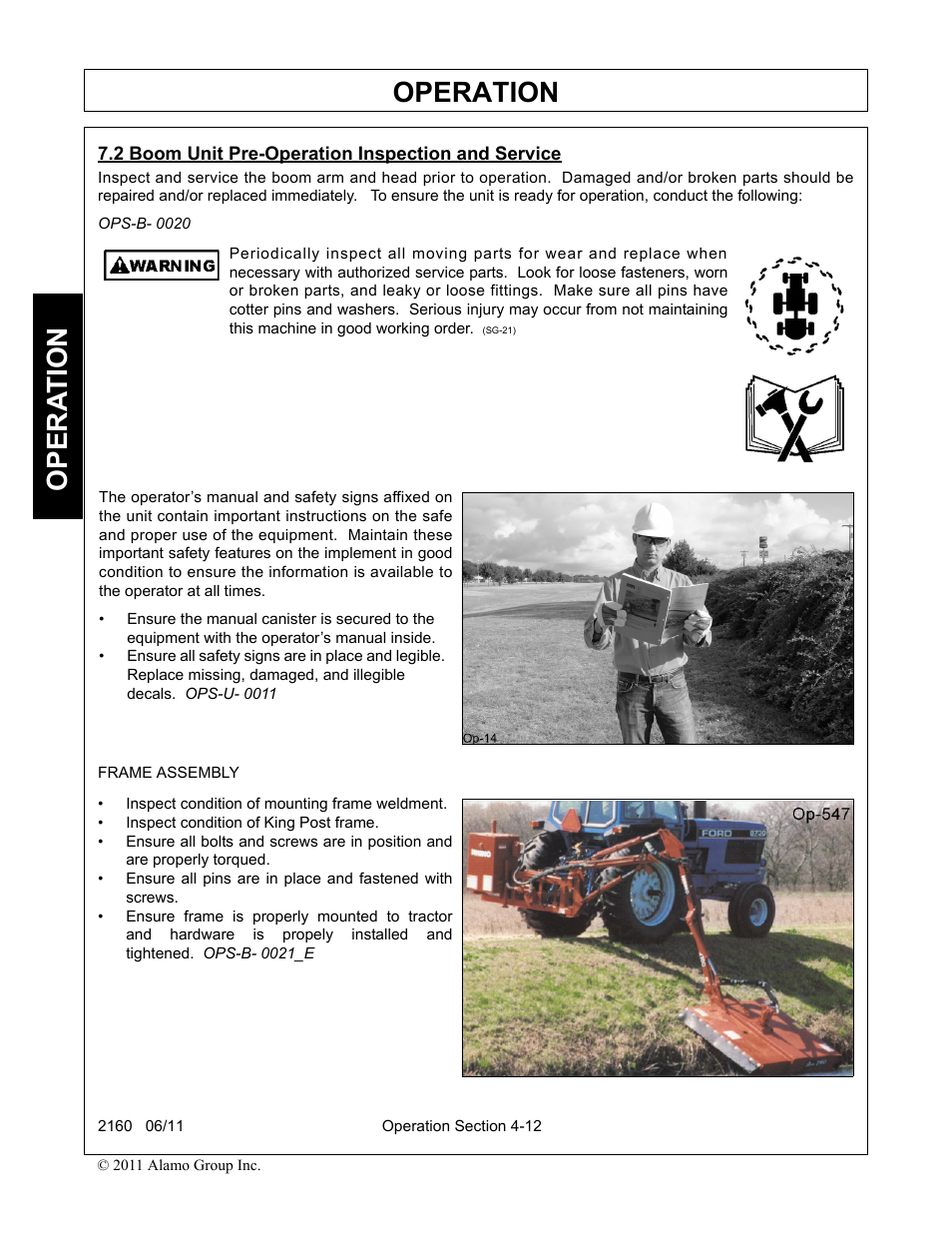 2 boom unit pre-operation inspection and service, Boom unit pre-operation inspection and service -12, Operation | Opera t ion | Servis-Rhino BOOM ROTARY MOWER 2160 User Manual | Page 122 / 204