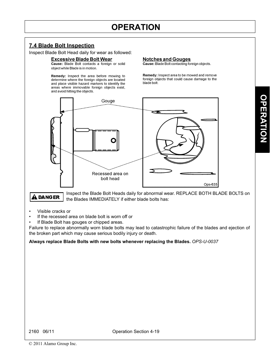 4 blade bolt inspection, Blade bolt inspection -19, Operation | Opera t ion | Servis-Rhino BOOM ROTARY MOWER 2160 User Manual | Page 129 / 204