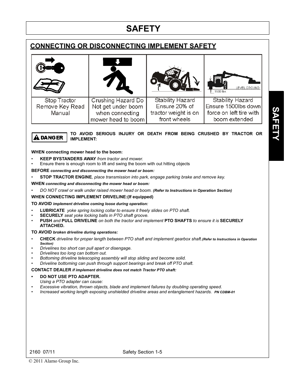 Connecting or disconnecting implement safety, Safety | Servis-Rhino BOOM ROTARY MOWER 2160 User Manual | Page 13 / 204