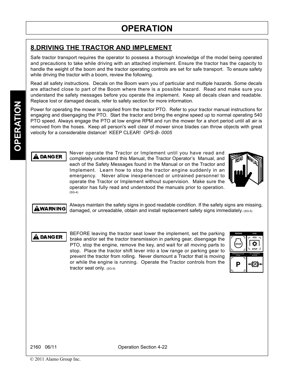 Driving the tractor and implement, Driving the tractor and implement -22, Operation | Opera t ion | Servis-Rhino BOOM ROTARY MOWER 2160 User Manual | Page 132 / 204