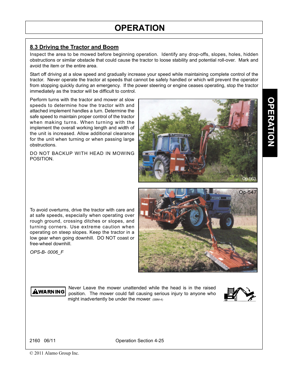 3 driving the tractor and boom, Driving the tractor and boom -25, Operation | Opera t ion | Servis-Rhino BOOM ROTARY MOWER 2160 User Manual | Page 135 / 204