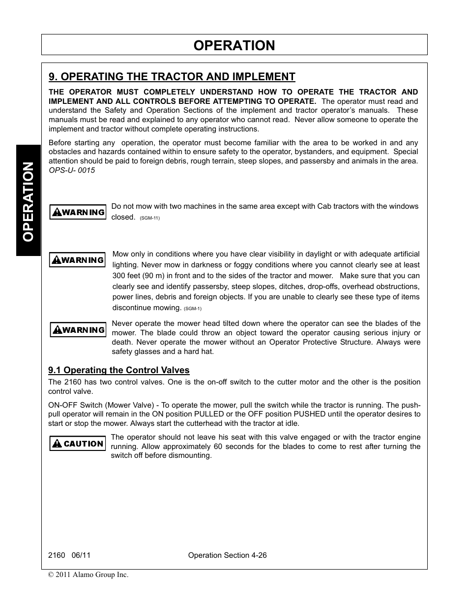 Operating the tractor and implement, 1 operating the control valves, Operation | Opera t ion | Servis-Rhino BOOM ROTARY MOWER 2160 User Manual | Page 136 / 204