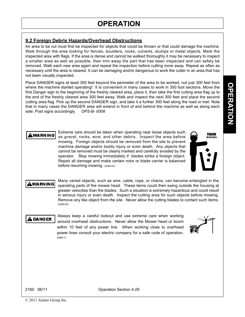 2 foreign debris hazards/overhead obstructions, Foreign debris hazards/overhead obstructions -29, Operation | Opera t ion | Servis-Rhino BOOM ROTARY MOWER 2160 User Manual | Page 139 / 204