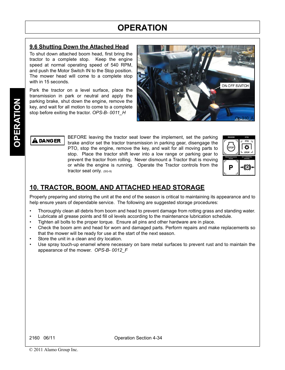 6 shutting down the attached head, Tractor, boom, and attached head storage, Operation | Opera t ion | Servis-Rhino BOOM ROTARY MOWER 2160 User Manual | Page 144 / 204
