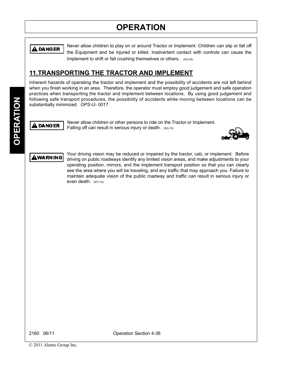 Transporting the tractor and implement, Transporting the tractor and implement -36, Operation | Opera t ion | Servis-Rhino BOOM ROTARY MOWER 2160 User Manual | Page 146 / 204
