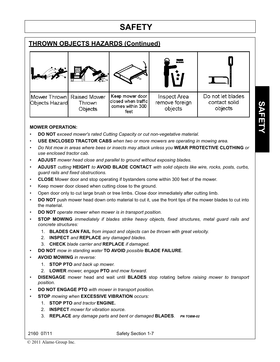Thrown objects hazards (continued), Inspect and replace any damaged blades, Check blade carrier and replace if damaged | Safety | Servis-Rhino BOOM ROTARY MOWER 2160 User Manual | Page 15 / 204