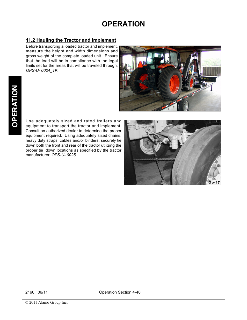 2 hauling the tractor and implement, Hauling the tractor and implement -40, Operation | Opera t ion | Servis-Rhino BOOM ROTARY MOWER 2160 User Manual | Page 150 / 204