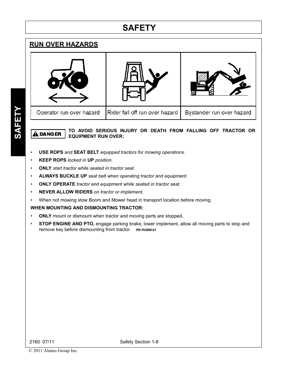 Run over hazards, Run over hazards -8, Safety | Servis-Rhino BOOM ROTARY MOWER 2160 User Manual | Page 16 / 204