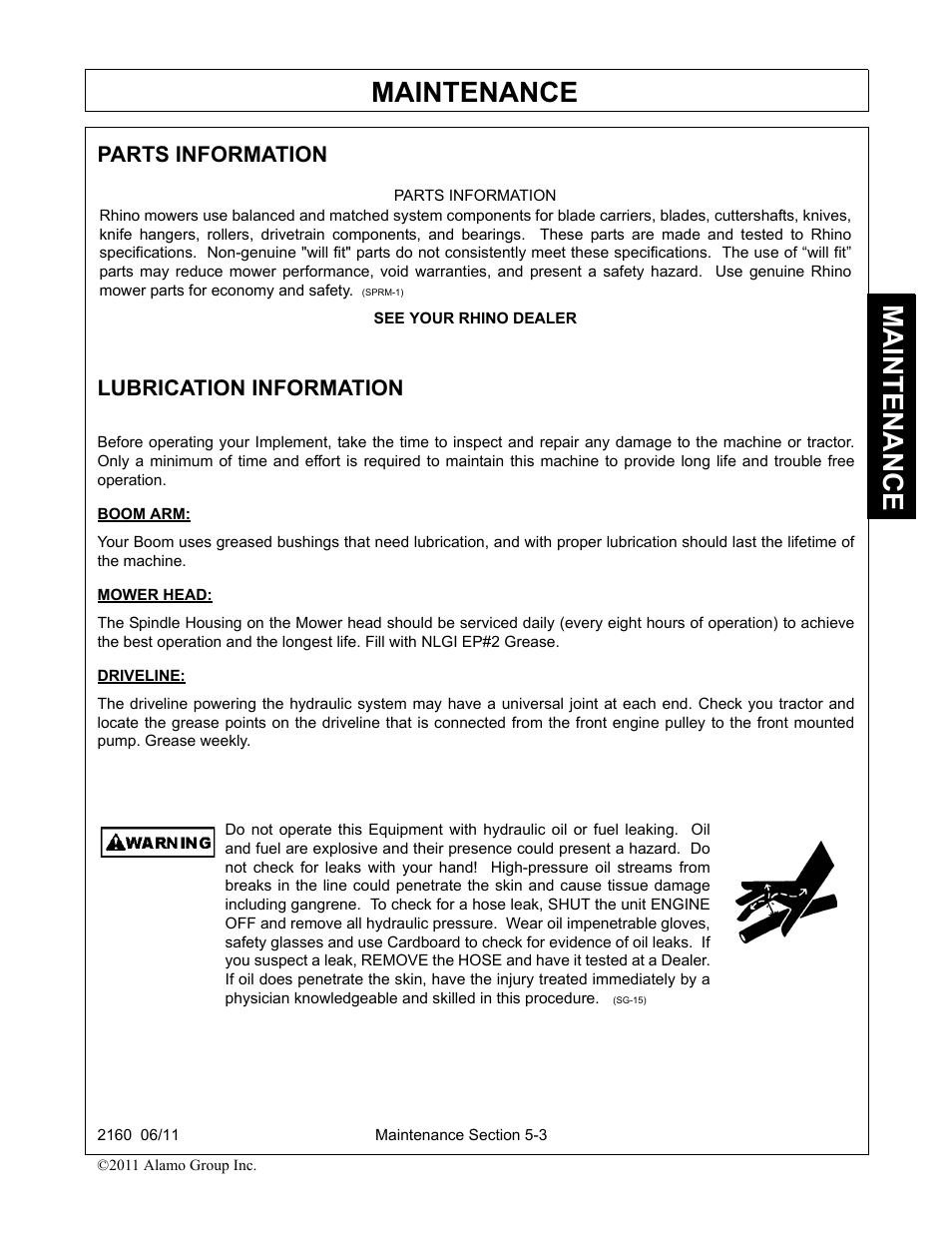 Parts information, Lubrication information, Lubrication information -3 | Maintenance, Parts information lubrication information | Servis-Rhino BOOM ROTARY MOWER 2160 User Manual | Page 163 / 204
