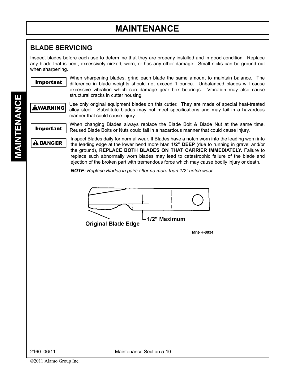 Blade servicing, Blade servicing -10, Maintenance | Servis-Rhino BOOM ROTARY MOWER 2160 User Manual | Page 170 / 204