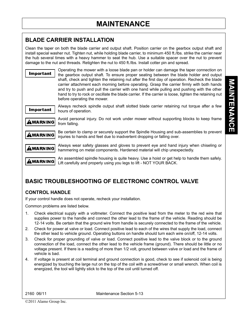 Blade carrier installation, Basic troubleshooting of electronic control valve, Control handle | Maintenance | Servis-Rhino BOOM ROTARY MOWER 2160 User Manual | Page 173 / 204