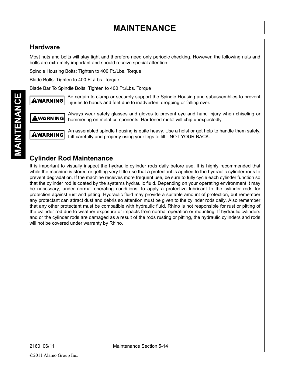 Cylinder rod maintenance, Cylinder rod maintenance -14, Maintenance | Hardware | Servis-Rhino BOOM ROTARY MOWER 2160 User Manual | Page 174 / 204