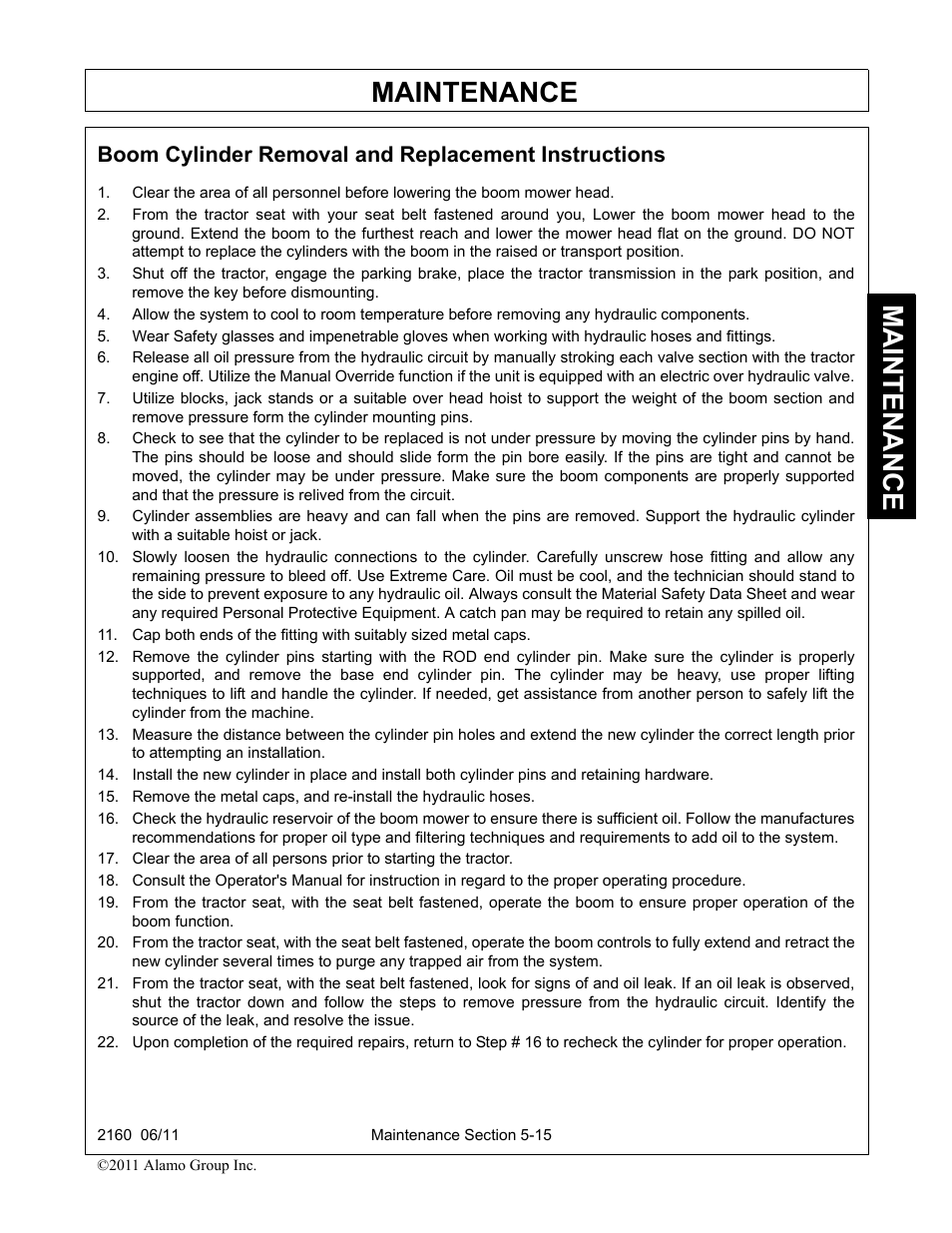 Boom cylinder removal and replacement instructions, Maintenance | Servis-Rhino BOOM ROTARY MOWER 2160 User Manual | Page 175 / 204