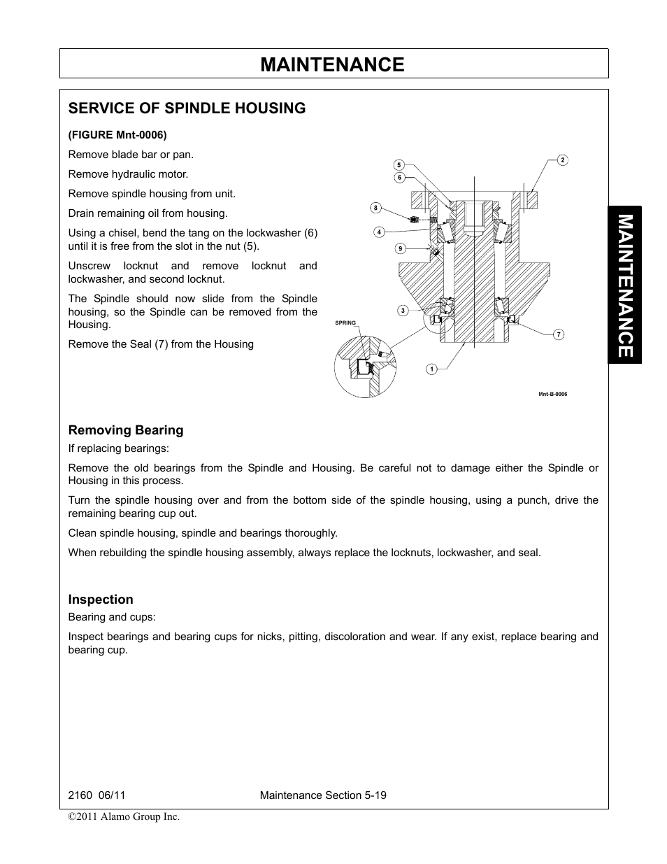 Service of spindle housing, Removing bearing, Inspection | Removing bearing -19 inspection -19, Maintenance | Servis-Rhino BOOM ROTARY MOWER 2160 User Manual | Page 179 / 204