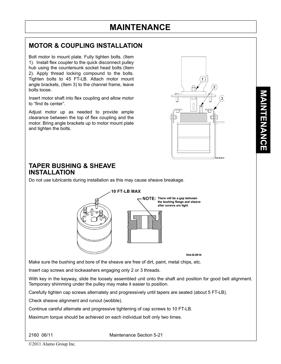 Motor & coupling installation, Taper bushing & sheave installation, Taper bushing & sheave installation -21 | Maintenance | Servis-Rhino BOOM ROTARY MOWER 2160 User Manual | Page 181 / 204