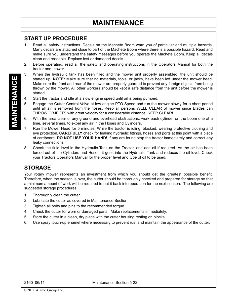 Start up procedure, Storage, Thoroughly clean the cutter | Start up procedure -22 storage -22, Maintenance | Servis-Rhino BOOM ROTARY MOWER 2160 User Manual | Page 182 / 204