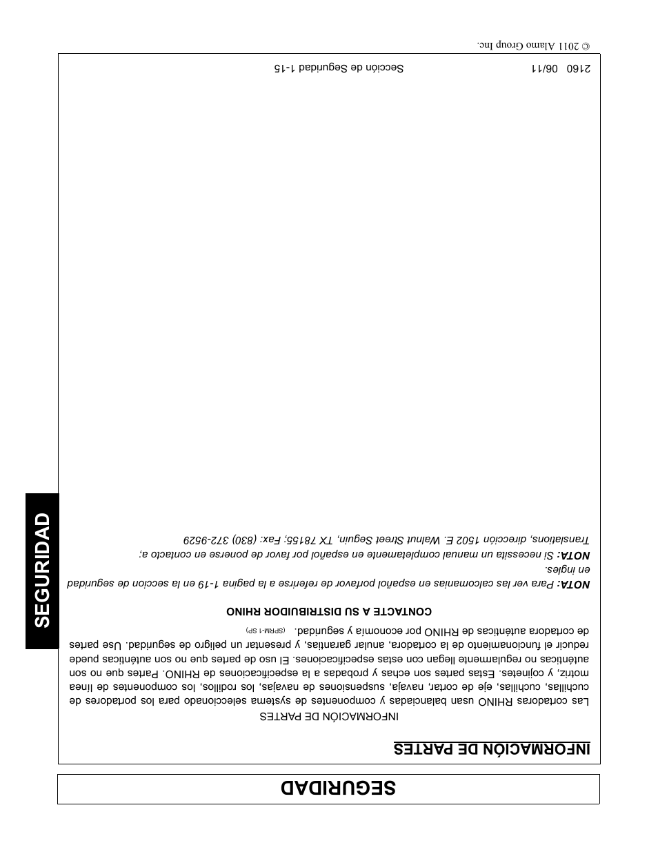 Información de partes, Seguridad, Información de pa rtes | Servis-Rhino BOOM ROTARY MOWER 2160 User Manual | Page 184 / 204