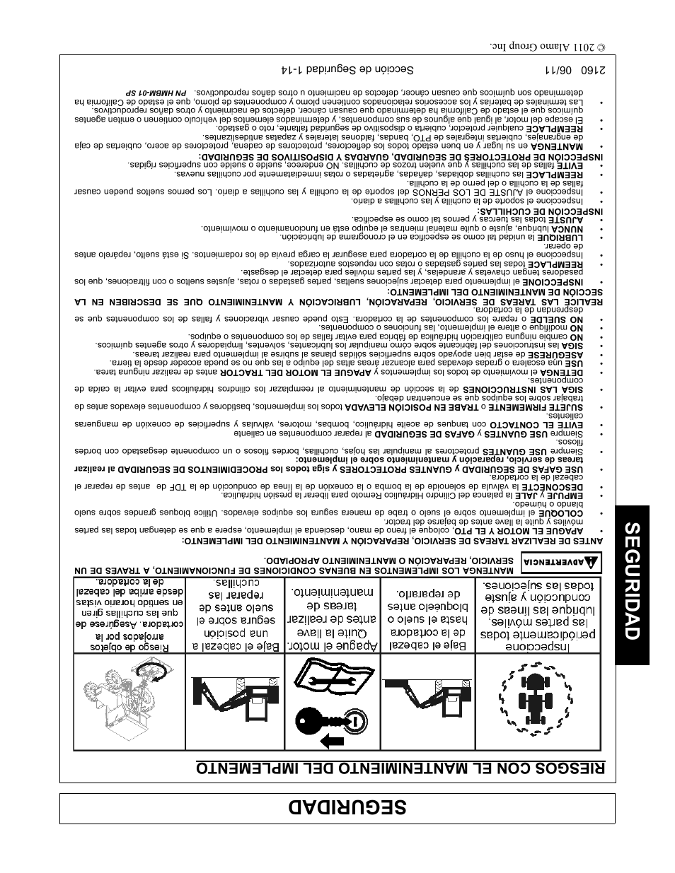 Riesgos con el mantenimiento del implemento, Seguridad, Riesgos con el mantenimient o del implemento | Servis-Rhino BOOM ROTARY MOWER 2160 User Manual | Page 185 / 204