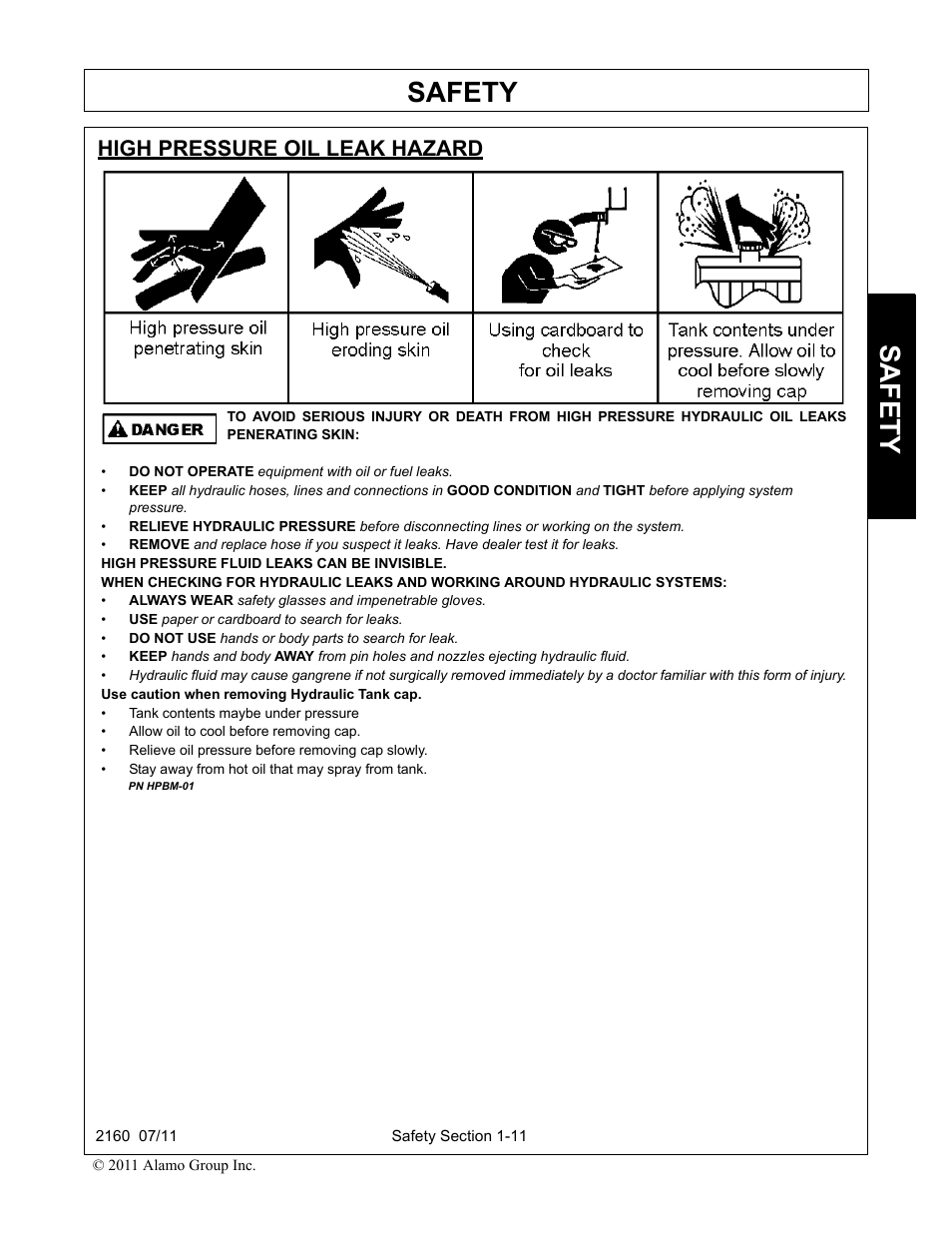 High pressure oil leak hazard, High pressure oil leak hazard -11, Safety | Servis-Rhino BOOM ROTARY MOWER 2160 User Manual | Page 19 / 204