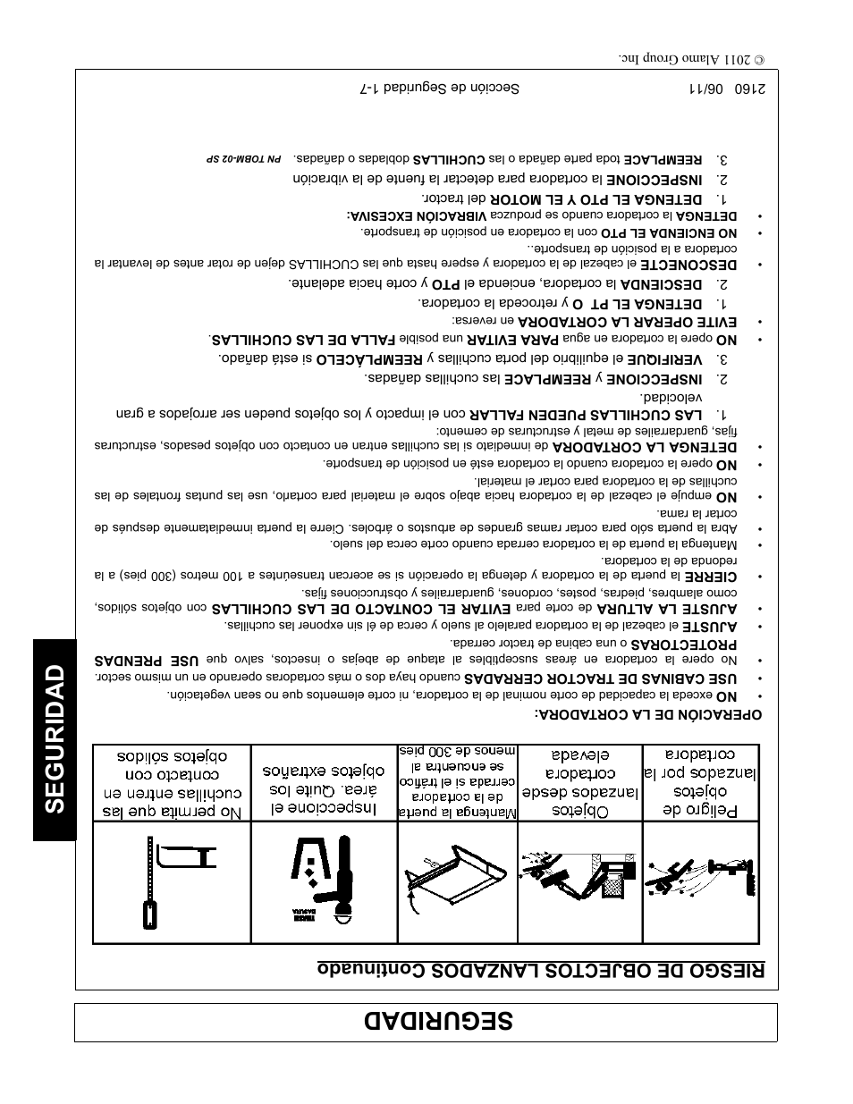 Inspeccione y reemplace las cuchillas dañadas, Seguridad, Riesgo de objectos lanzados continuado | Servis-Rhino BOOM ROTARY MOWER 2160 User Manual | Page 192 / 204