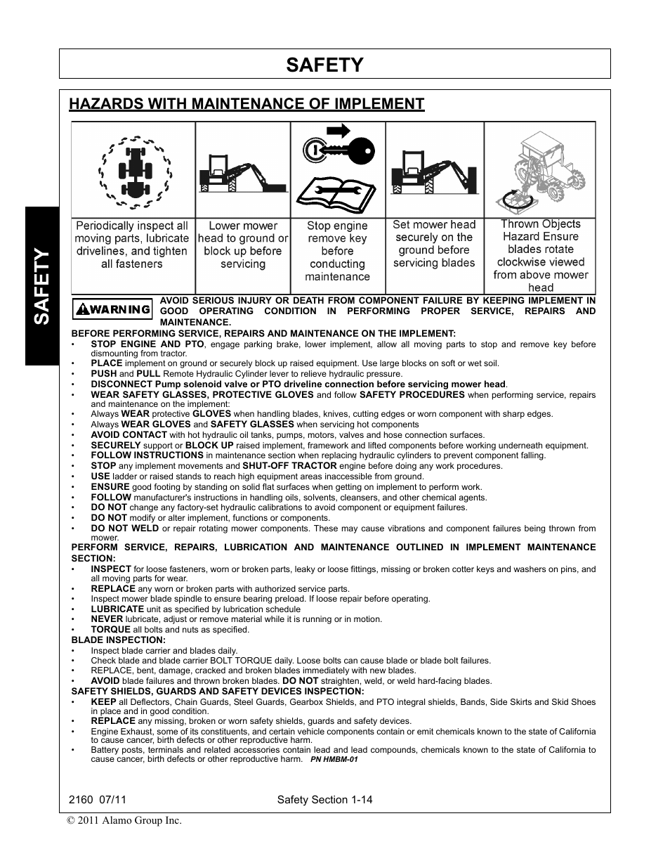 Hazards with maintenance of implement, Safety | Servis-Rhino BOOM ROTARY MOWER 2160 User Manual | Page 22 / 204