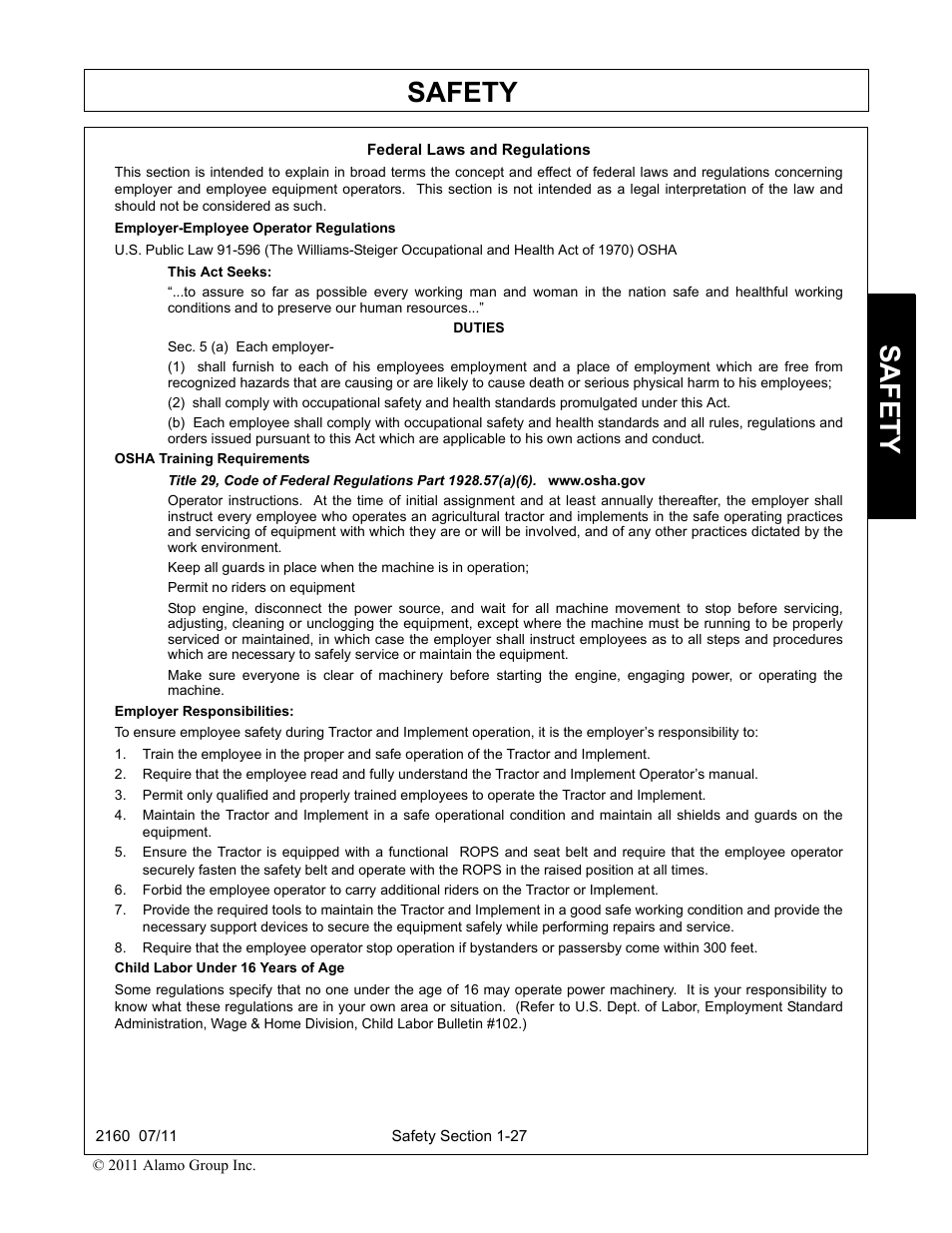 Federal laws and regulations, Federal laws and regulations -27, Safety | Servis-Rhino BOOM ROTARY MOWER 2160 User Manual | Page 35 / 204