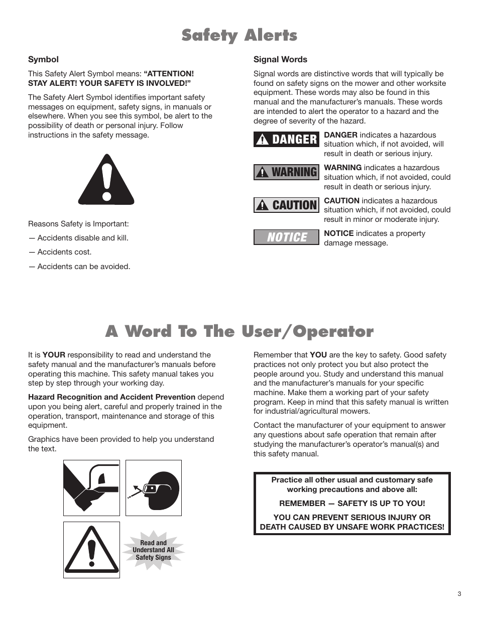 Safety alerts, A word to the user/operator, Danger warning caution notice | Servis-Rhino BOOM ROTARY MOWER 2160 User Manual | Page 39 / 204
