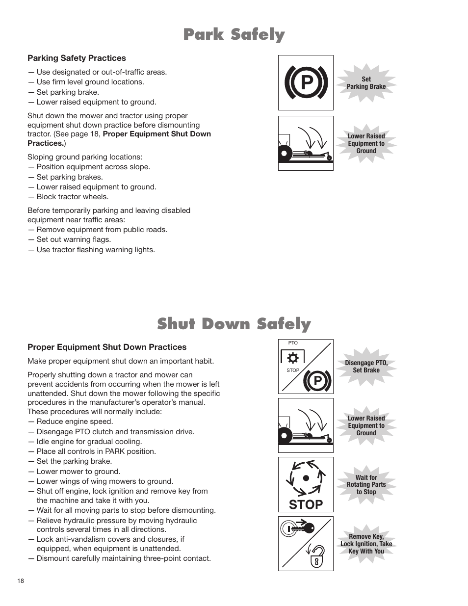 Park safely, Shut down safely | Servis-Rhino BOOM ROTARY MOWER 2160 User Manual | Page 54 / 204