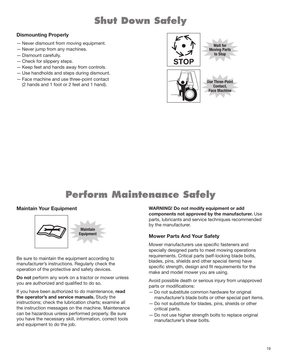 Shut down safely, Perform maintenance safely | Servis-Rhino BOOM ROTARY MOWER 2160 User Manual | Page 55 / 204