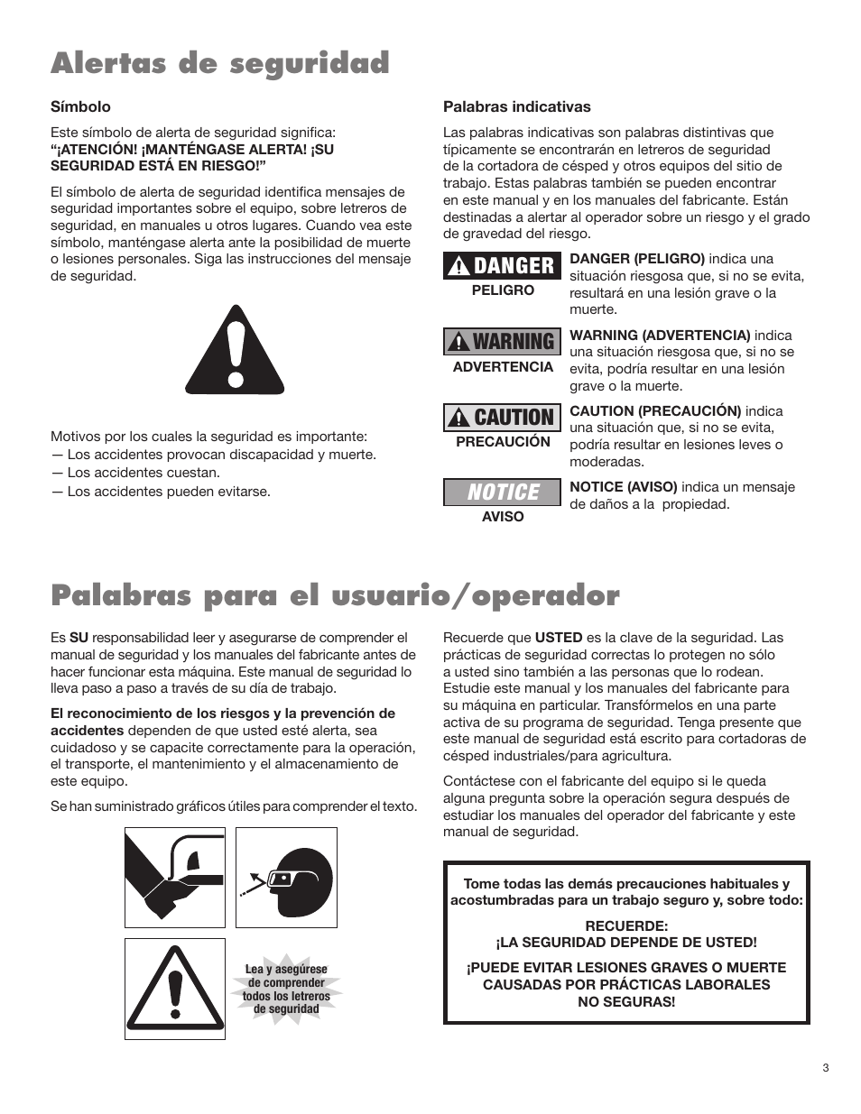 Alertas de seguridad, Palabras para el usuario/operador, Notice | Danger warning caution | Servis-Rhino BOOM ROTARY MOWER 2160 User Manual | Page 65 / 204