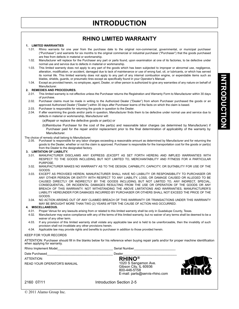 Rhino limited warranty, Limited warranties, Remedies and procedures | Limitation of liability, Miscellaneous, Rhino limited warranty -5, Introduction, Rhino | Servis-Rhino BOOM ROTARY MOWER 2160 User Manual | Page 93 / 204