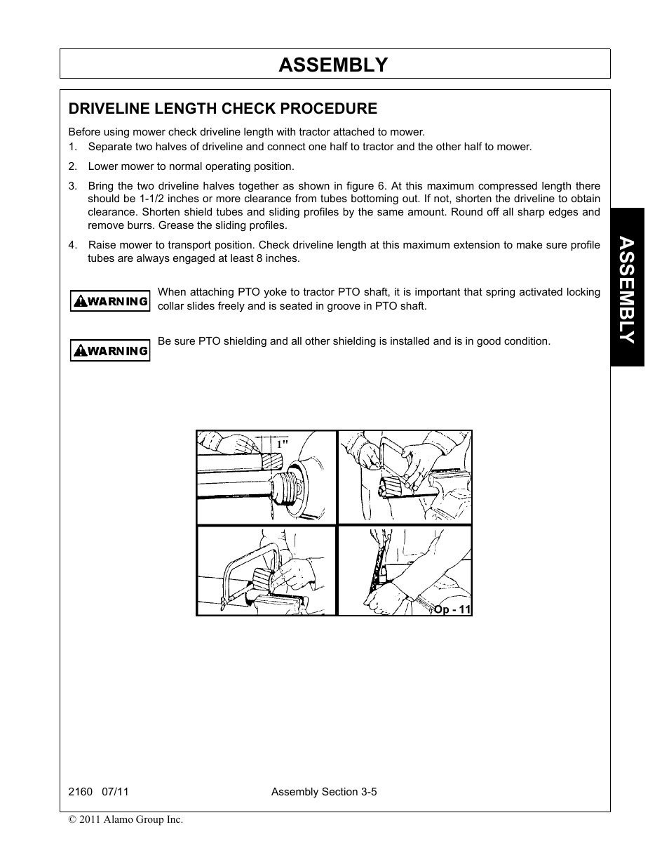 Lower mower to normal operating position, Driveline length check procedure -5, Assembly | Assembl y | Servis-Rhino BOOM ROTARY MOWER 2160 User Manual | Page 99 / 204