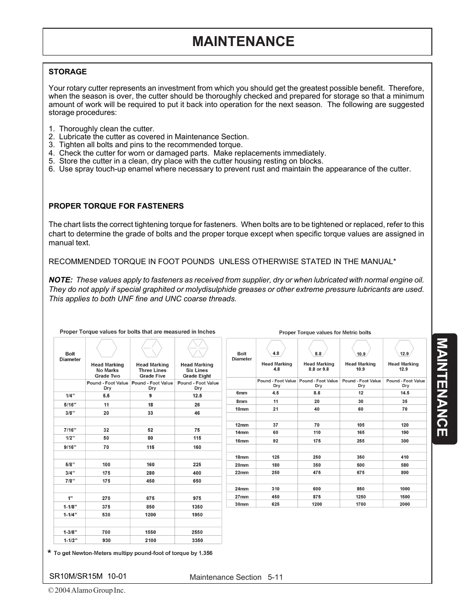 Torque chart -11, Maintenance | Servis-Rhino SR15M User Manual | Page 139 / 152