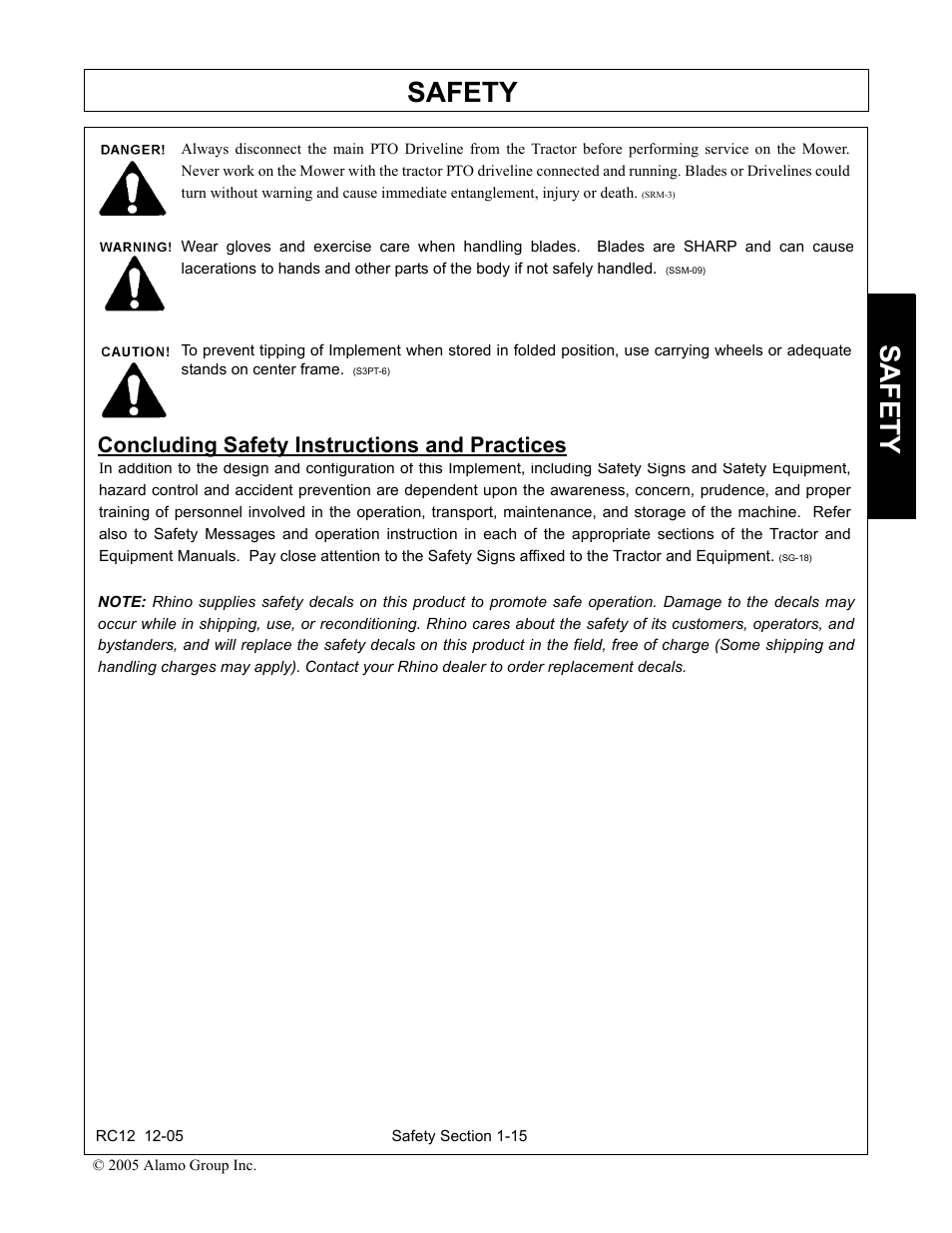 Concluding safety instructions and practices, Concluding safety instructions and practices -15, Safety | Servis-Rhino RC-12 User Manual | Page 19 / 94