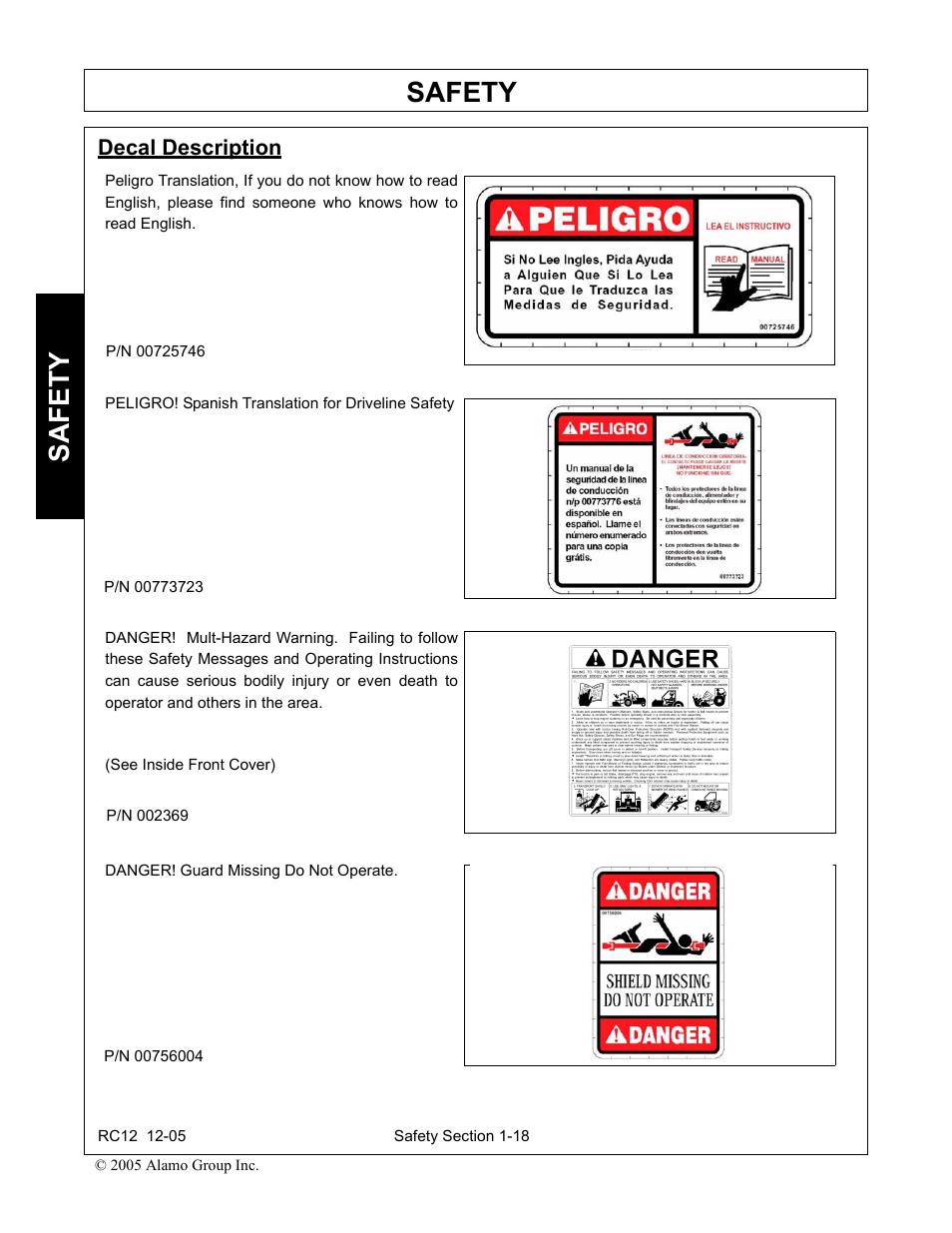 Decal description, Decal description -18, Safety | Servis-Rhino RC-12 User Manual | Page 22 / 94
