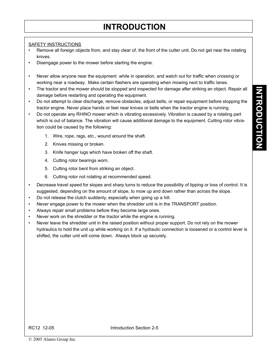 Safety instructions, Wire, rope, rags, etc., wound around the shaft, Knives missing or broken | Knife hanger lugs which have broken off the shaft, Cutting rotor bearings worn, Cutting rotor bent from striking an object, Cutting rotor not rotating at recommended speed, Introduction | Servis-Rhino RC-12 User Manual | Page 35 / 94