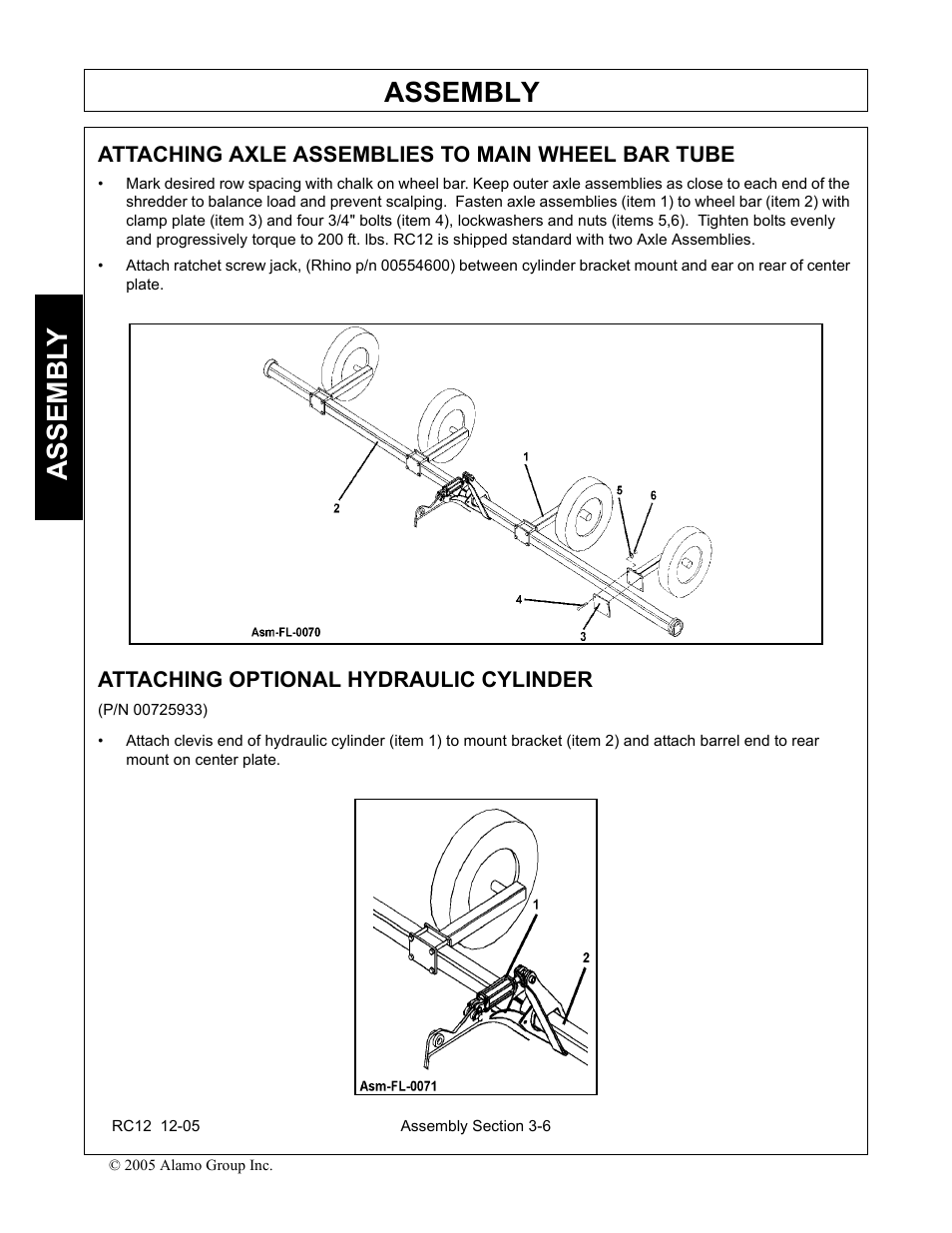 Attaching axle assemblies to main wheel bar tube, Attaching optional hydraulic cylinder, Assembly | Assembl y | Servis-Rhino RC-12 User Manual | Page 42 / 94