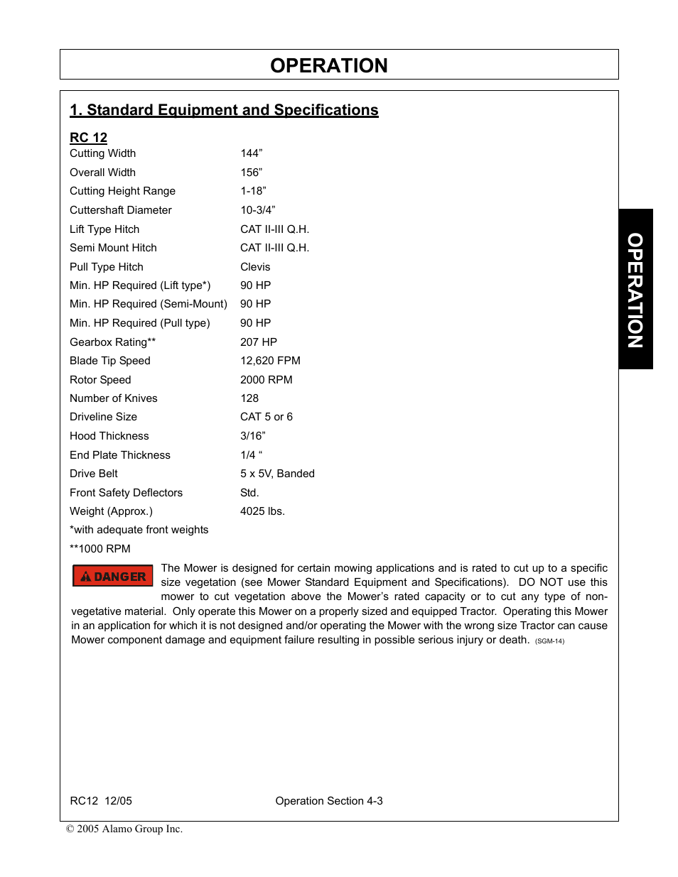 Standard equipment and specifications, Standard equipment and specifications -3, Operation | Opera t ion | Servis-Rhino RC-12 User Manual | Page 45 / 94