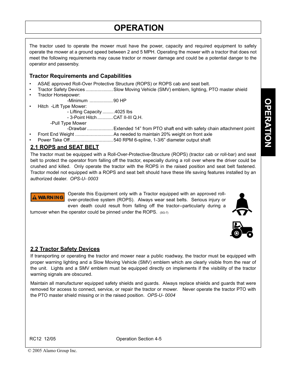 Tractor requirements and capabilities, 1 rops and seat belt, 2 tractor safety devices | Rops and seat belt -5 tractor safety devices -5, Operation, Opera t ion | Servis-Rhino RC-12 User Manual | Page 47 / 94