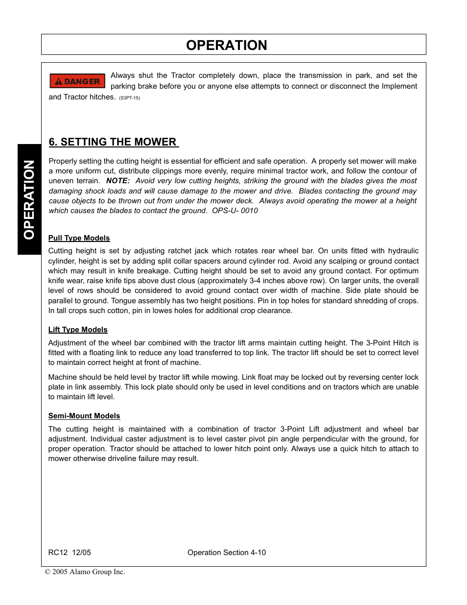 Setting the mower, Setting the mower -10, Operation | Opera t ion | Servis-Rhino RC-12 User Manual | Page 52 / 94