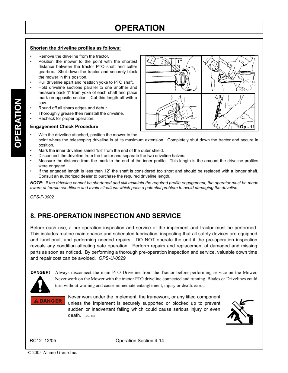 Pre-operation inspection and service, Pre-operation inspection and service -14, Operation | Opera t ion | Servis-Rhino RC-12 User Manual | Page 56 / 94
