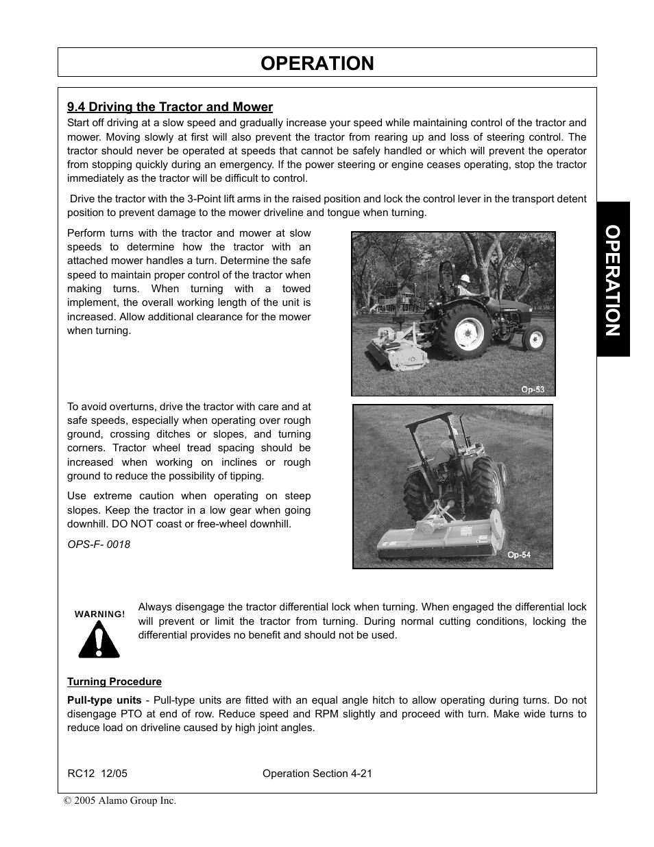 4 driving the tractor and mower, Driving the tractor and mower -21, Operation | Opera t ion | Servis-Rhino RC-12 User Manual | Page 63 / 94