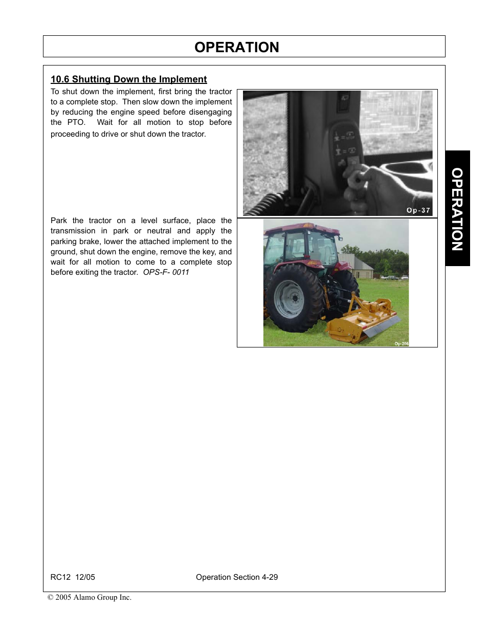 6 shutting down the implement, Shutting down the implement -29, Operation | Opera t ion | Servis-Rhino RC-12 User Manual | Page 71 / 94