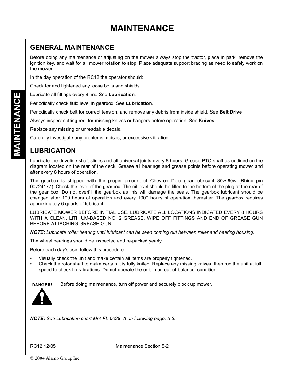 General maintenance, Lubrication, General maintenance -2 lubrication -2 | Maintenance | Servis-Rhino RC-12 User Manual | Page 82 / 94